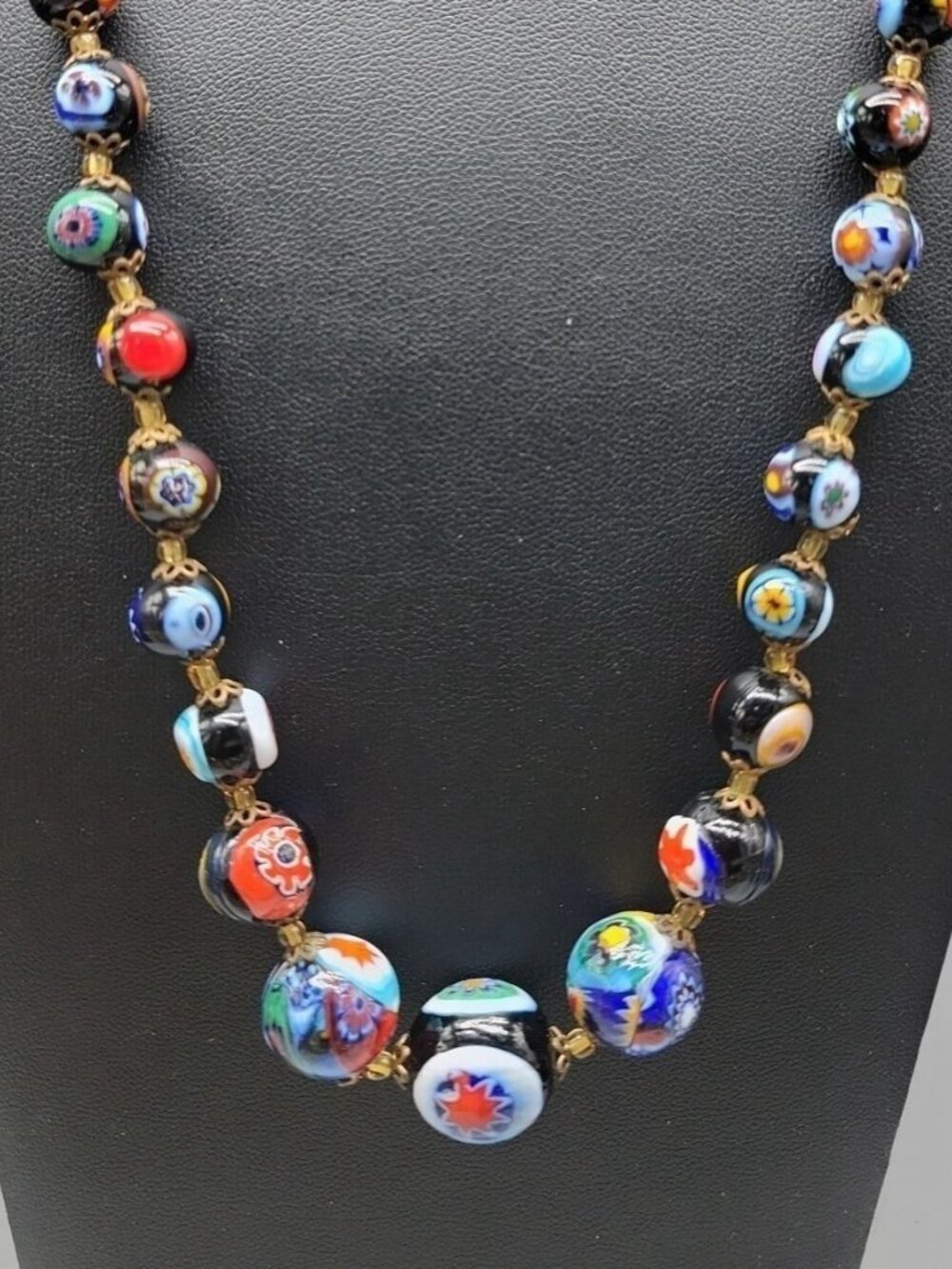 Antique Venetian Millefiori Murano Glass Bead Necklace 23" Graduated Black 16mm - Picture 5 of 16